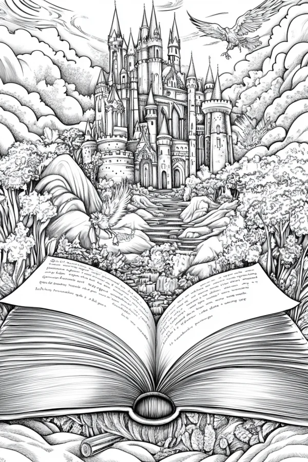 Fantasy castle emerging from an open storybook, fairy tale style — free printable books coloring book page