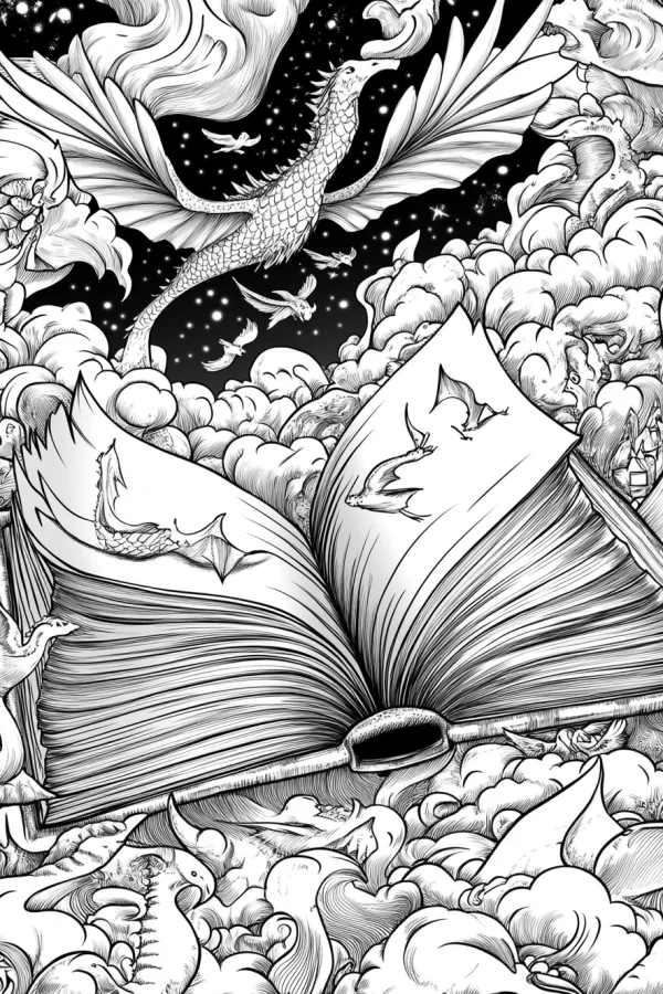 Open magic book with fantasy flying dragons, fantasy illustration style — free printable dragon coloring book page