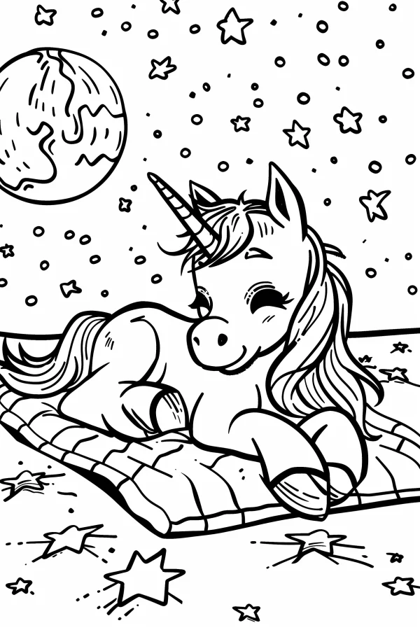 Cute cartoon unicorn lying on a mat, space scene with stars — free printable starry sky coloring book page