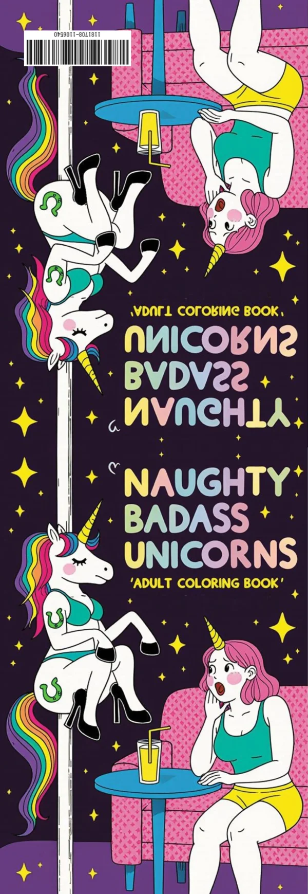Cover of adult coloring book, badass pole-dancing unicorns and funny goofy girls — free printable humor coloring book page