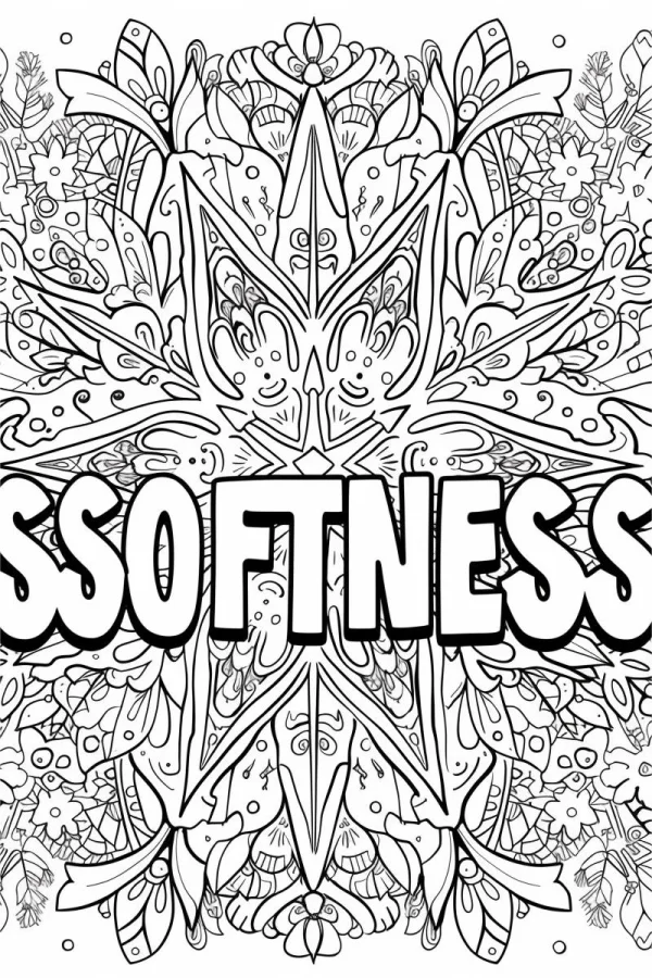 Mandala pattern with bold 'sso fitness' text, symmetrical floral and vine motifs — free printable fitness coloring book page
