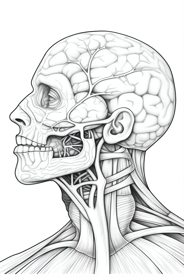 Anatomical line art of human head and neck, showing skull — free printable anatomy coloring book page