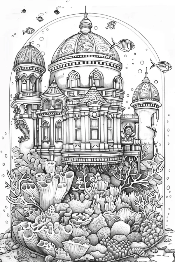 Fantasy underwater castle, intricate line art style — free printable castle coloring book page