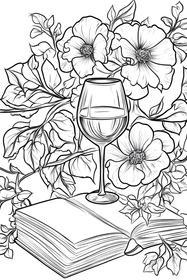Wine glass placed on an open book, surrounded by blooming flowers and leaves — free printable beverages coloring book page
