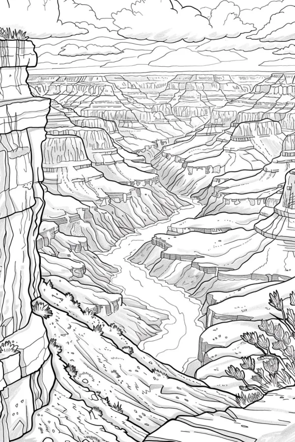 Grand canyon with river natural landscape, realistic style — free printable canyon coloring book page