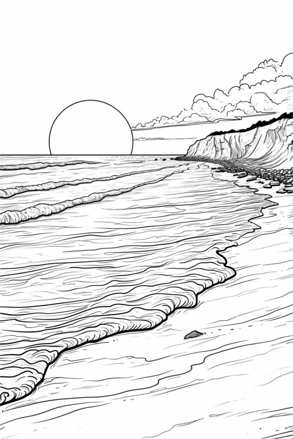 Coastal beach landscape, realistic sketch style — free printable beach coloring book page