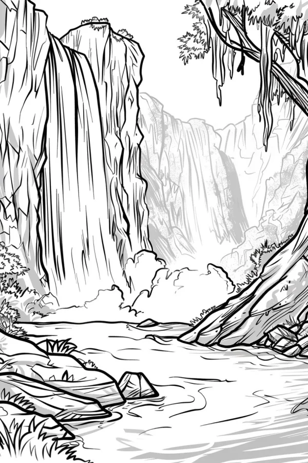Waterfall and mountain river natural landscape, realistic line art style — free printable waterfall coloring book page