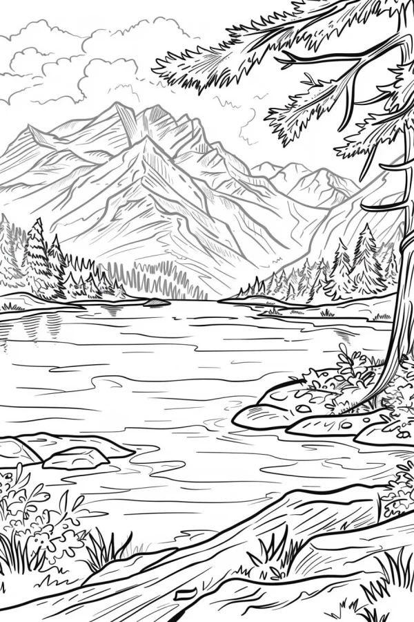 Mountain lake natural landscape, realistic sketch style — free printable lakes coloring book page