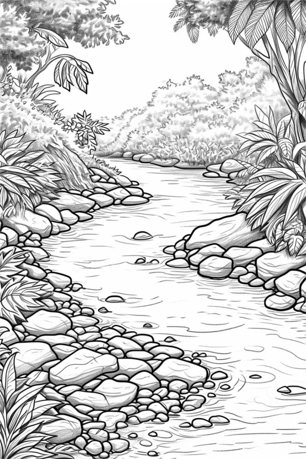 Forest stream with stones, realistic sketch style — free printable river coloring book page