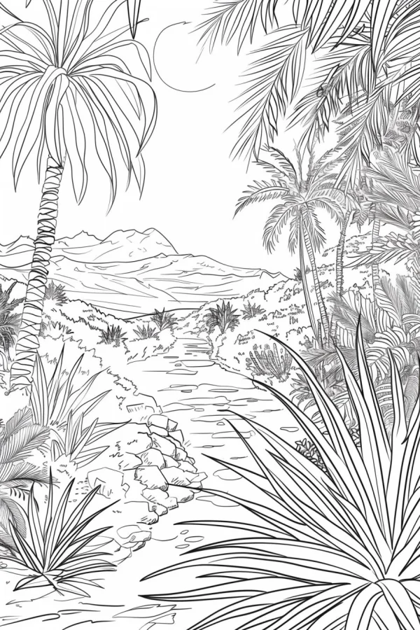 Tropical river valley landscape with palm trees and agave, realistic line art style — free printable river coloring book page