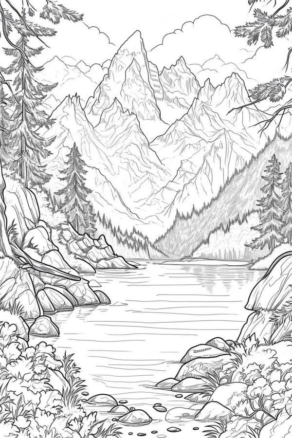 Mountain lake forest landscape, realistic line art style — free printable lakes coloring book page