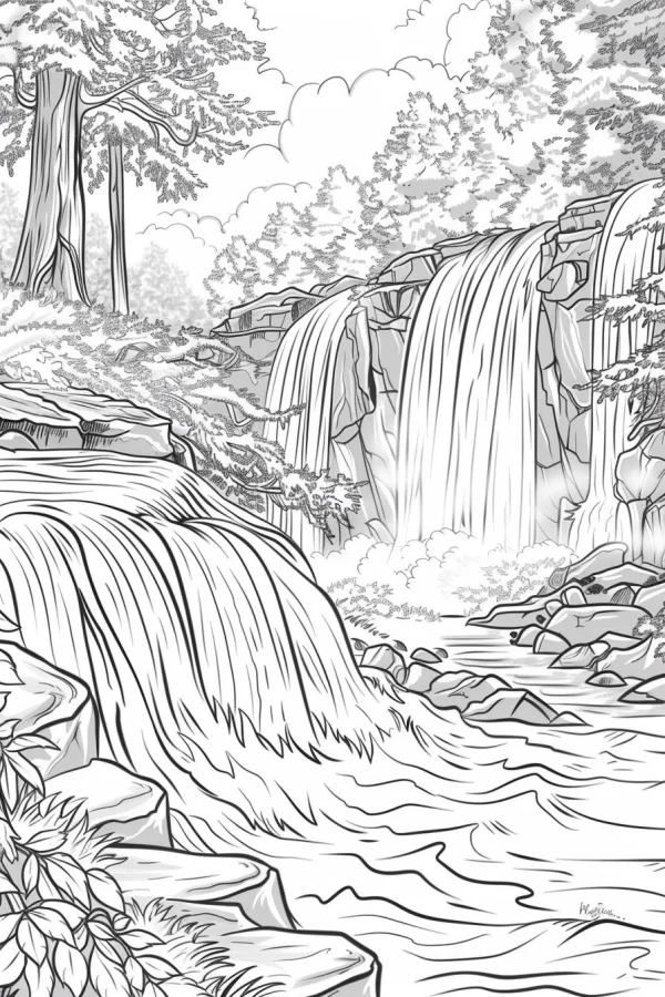 Forest waterfall landscape, realistic illustration style — free printable waterfall coloring book page