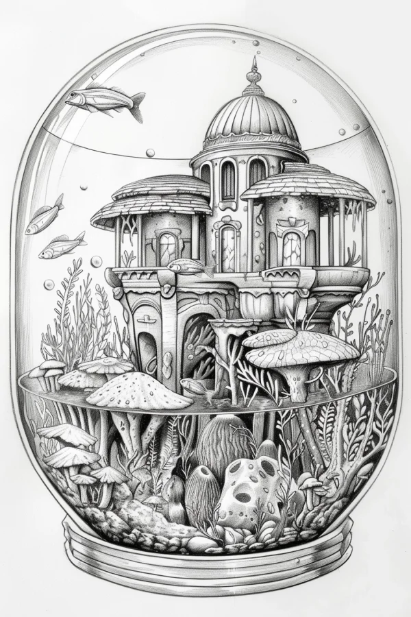 Fantasy underwater building inside a glass dome, intricate line art style — free printable underwater world coloring book page