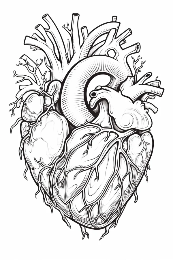 Realistic human heart, sketch style — free printable human organs coloring book page