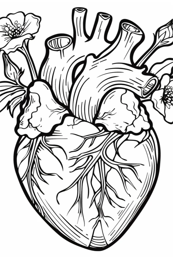 Anatomical heart surrounded by blooming flowers and buds, realistic line art style — free printable human organs coloring book page
