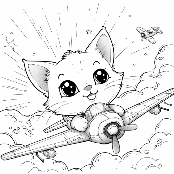 Cute cartoon cat driving a propeller plane, cartoon style — free printable flight coloring book page
