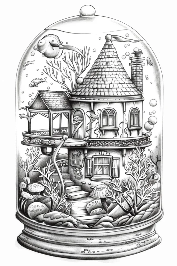 Fantasy underwater cottage enclosed in a glass dome, whimsical fairy tale style — free printable miniature scenes coloring book page