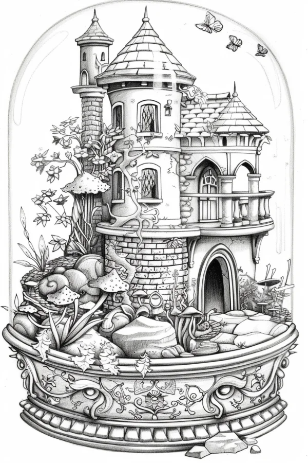 Fairy tale castle in a glass cloche terrarium, surrounded by mushrooms — free printable miniature scenes coloring book page