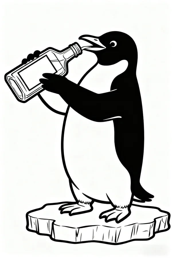 Penguin holding a bottle and drinking, cartoon style — free printable polar coloring book page
