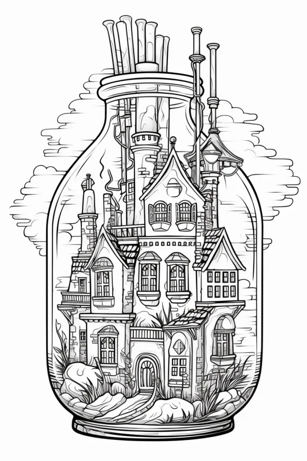 Fantasy tiny european house inside a glass bottle, fairy tale style — free printable miniature scenes coloring book page