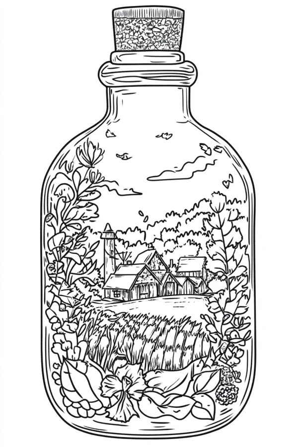 Miniature rural scene inside a glass bottle with cork, sketch style — free printable miniature scenes coloring book page