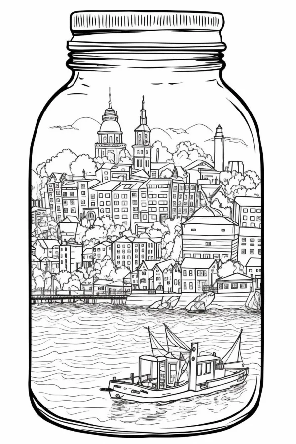 Mini city and fishing boat inside a glass jar, realistic line art — free printable miniature scenes coloring book page