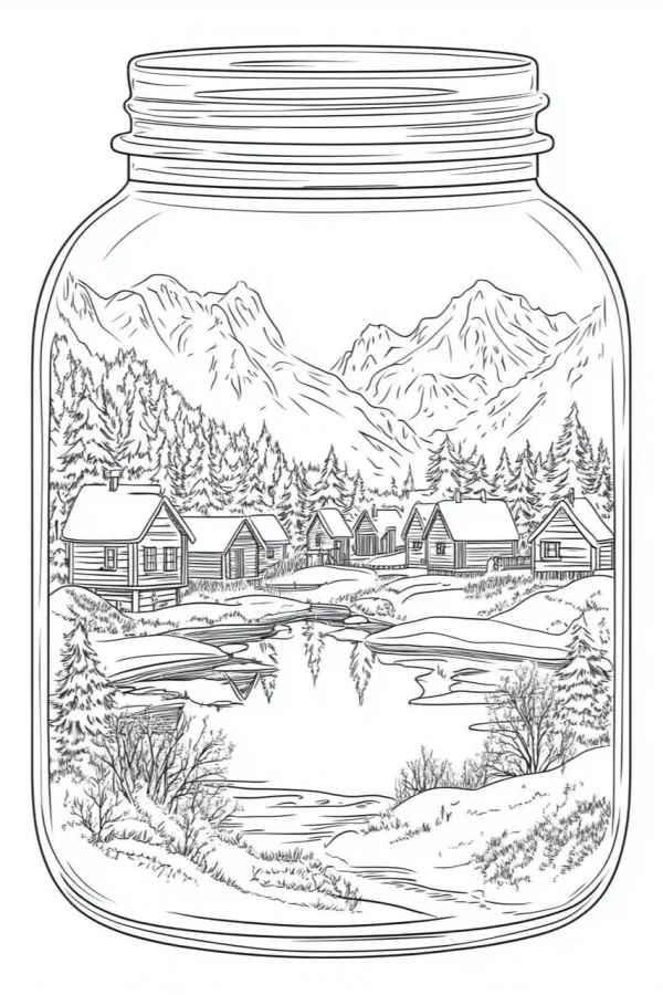 Winter town landscape inside a glass mason jar, realistic line art — free printable lakes coloring book page