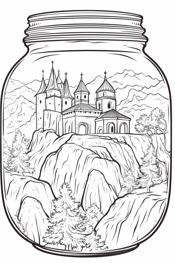 Castle in a glass jar, fantasy style — free printable castle coloring book page