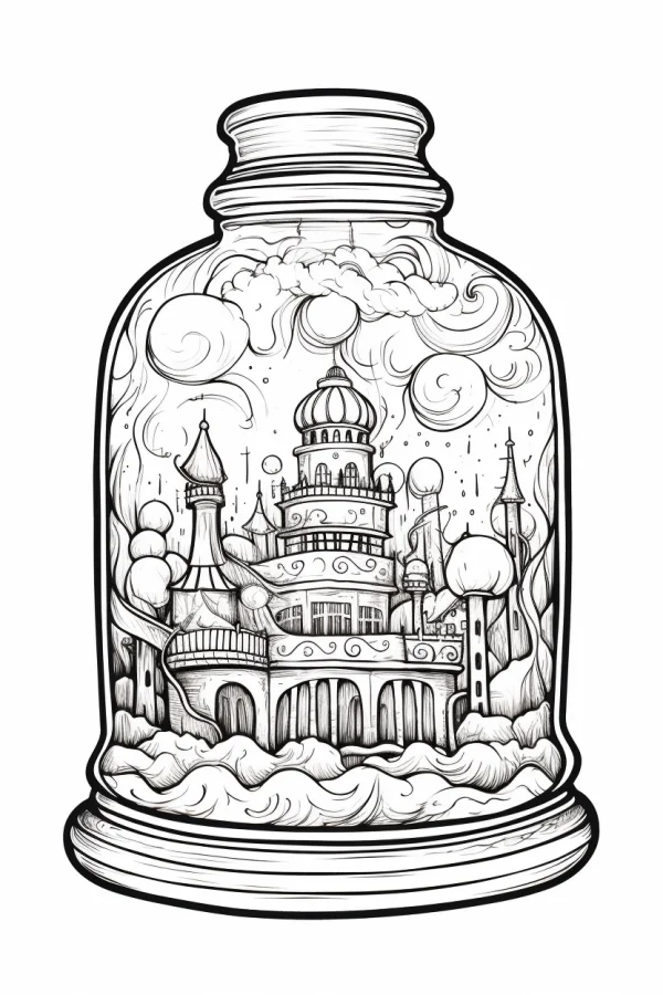 Fairy tale castle inside a glass jar, fairy tale fantasy style — free printable miniature scenes coloring book page