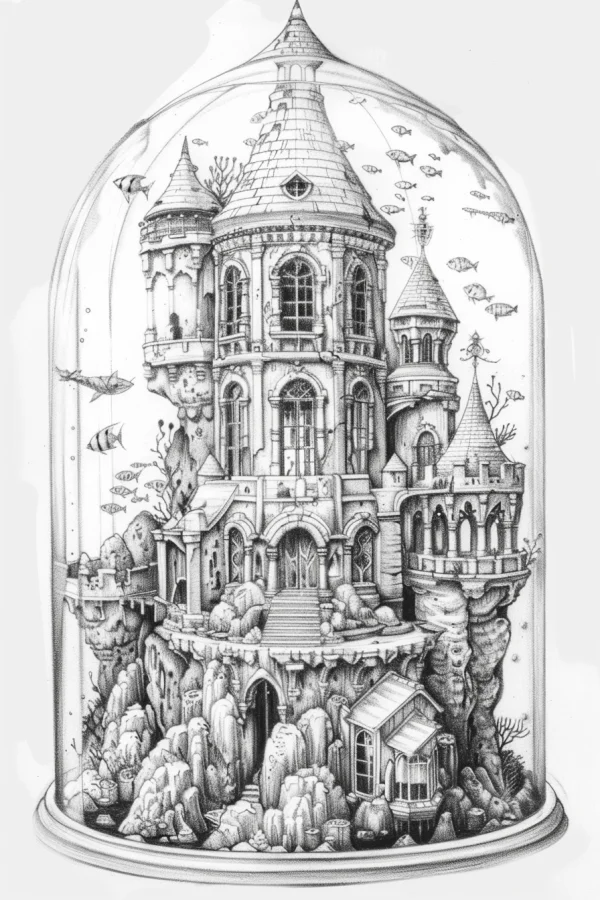 Underwater castle enclosed in a glass dome, fantasy sketch style — free printable castle coloring book page