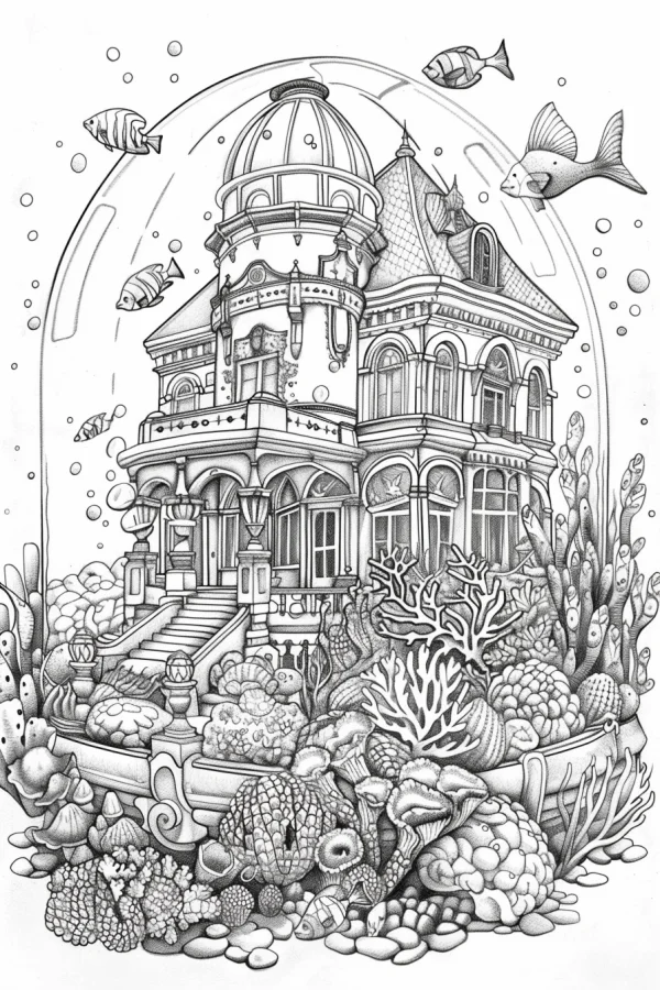 Coloring book page, underwater european villa — free printable residential coloring book page
