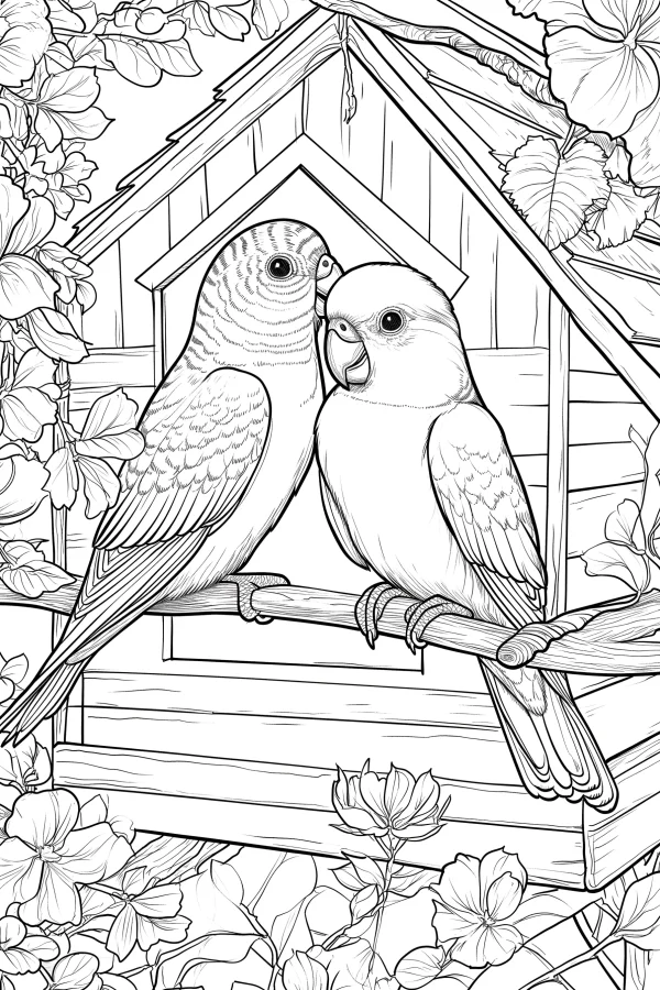 Two budgerigars perched on a branch in front of a wooden birdhouse, surrounded by blooming flowers and vines — free printable birds coloring book page