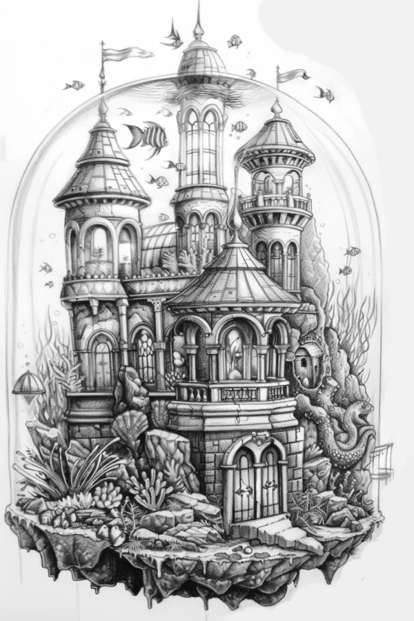 Fantasy underwater castle with spires and arched windows, intricate  surrounded by tropical fish — free printable castle coloring book page