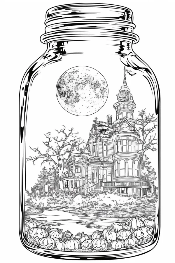 Coloring book page, glass jar containing halloween haunted house scene — free printable scenes coloring book page