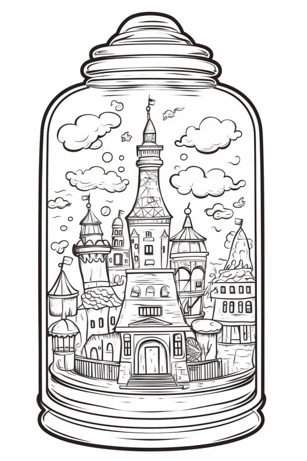 Fairy tale castle inside a glass jar, cartoon fairy tale style — free printable miniature scenes coloring book page