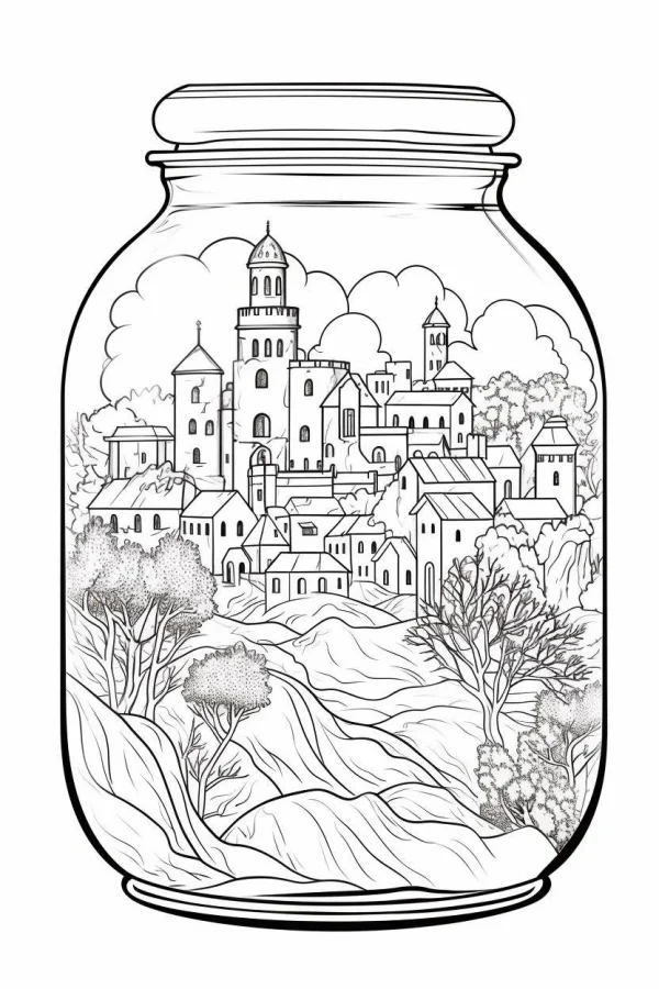 Fairy tale town and castle inside a glass jar, cartoon illustration style — free printable scenery coloring book page