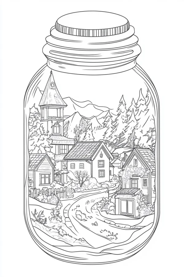 Tiny town and mountains inside a glass jar, realistic line art — free printable miniature world coloring book page