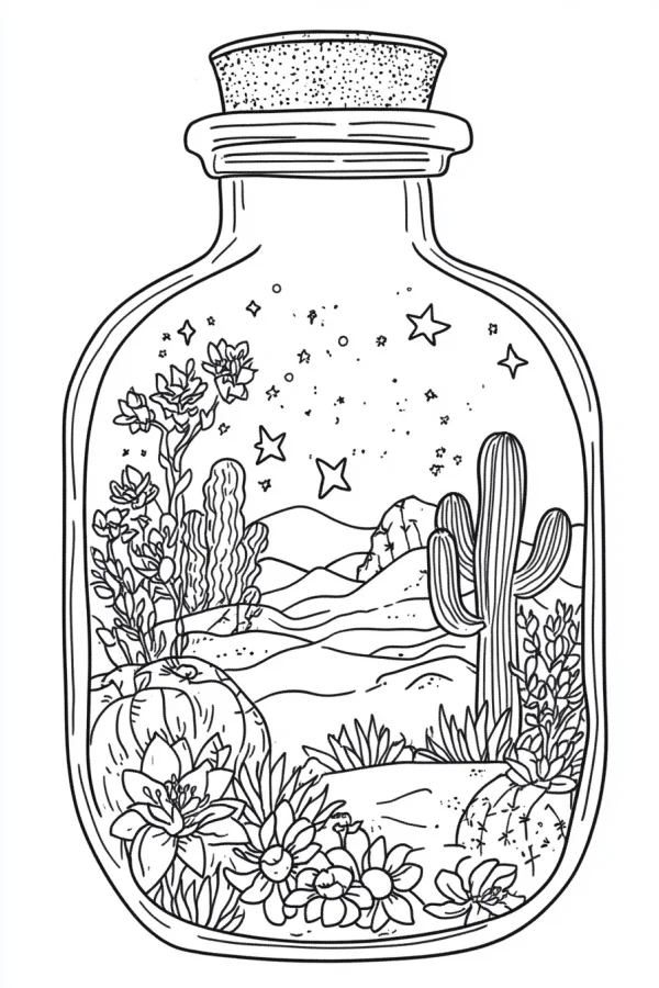 Desert plants terrarium in a glass bottle, line art style — free printable desert coloring book page
