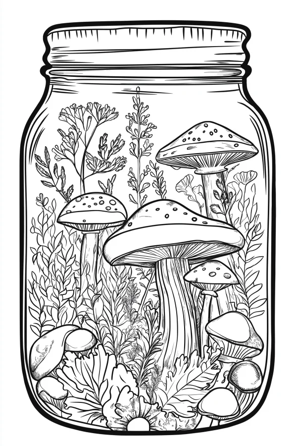 Mason jar filled with spotted mushrooms and various plants, nature micro landscape — free printable miniature landscape coloring book page