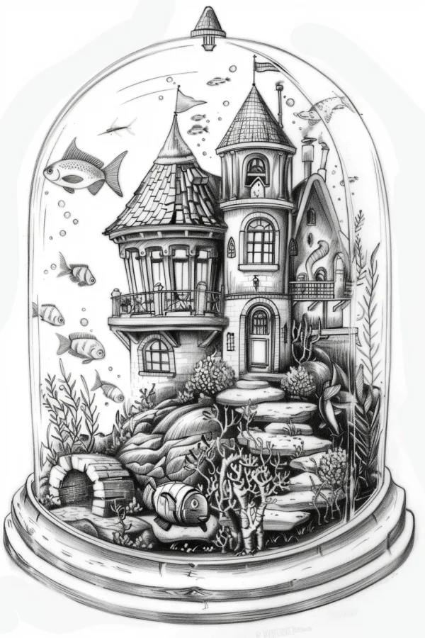 Underwater fairy tale cottage enclosed in a glass dome, fairy tale fantasy style — free printable cabin coloring book page