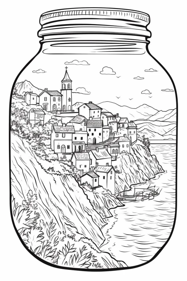 Coastal town inside a glass mason jar, illustration style — free printable beach town coloring book page