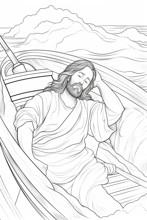Resting jesus in a wooden boat, realistic line art style — free printable bible stories coloring book page