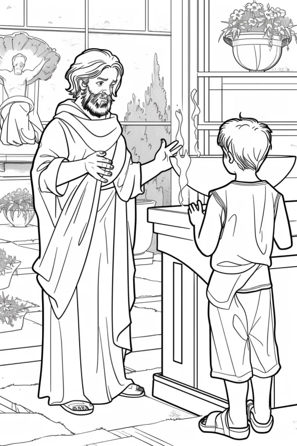 Religious figure (jesus-like) interacting with a young boy by an altar with flame, realistic sketch style — free printable education coloring book page