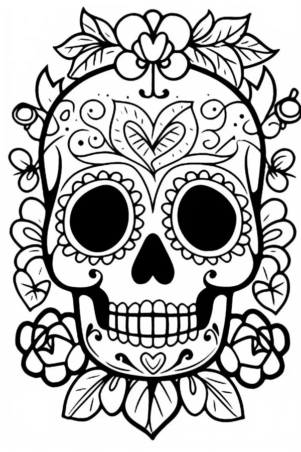 Ornate day of the dead sugar skull with roses and floral decorations, latin american decorative style — free printable latin american culture coloring book page