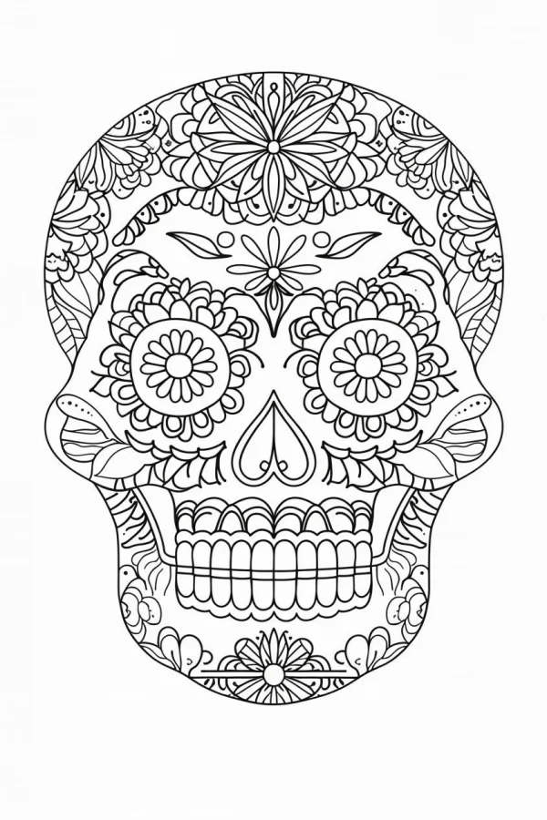 Decorative day of the dead sugar skull, latin american decorative art style — free printable latin america coloring book page