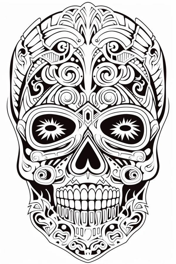 Decorative day of the dead skull, latin american tribal decorative art style — free printable latin america coloring book page