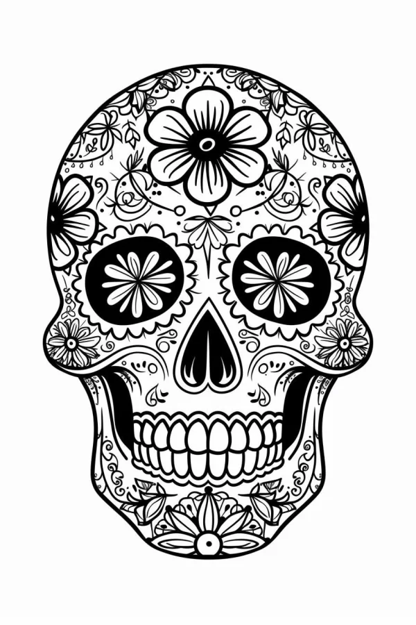 Day of the dead decorated sugar skull with intricate floral and scroll patterns, latin american folk art style — free printable latin american culture coloring book page