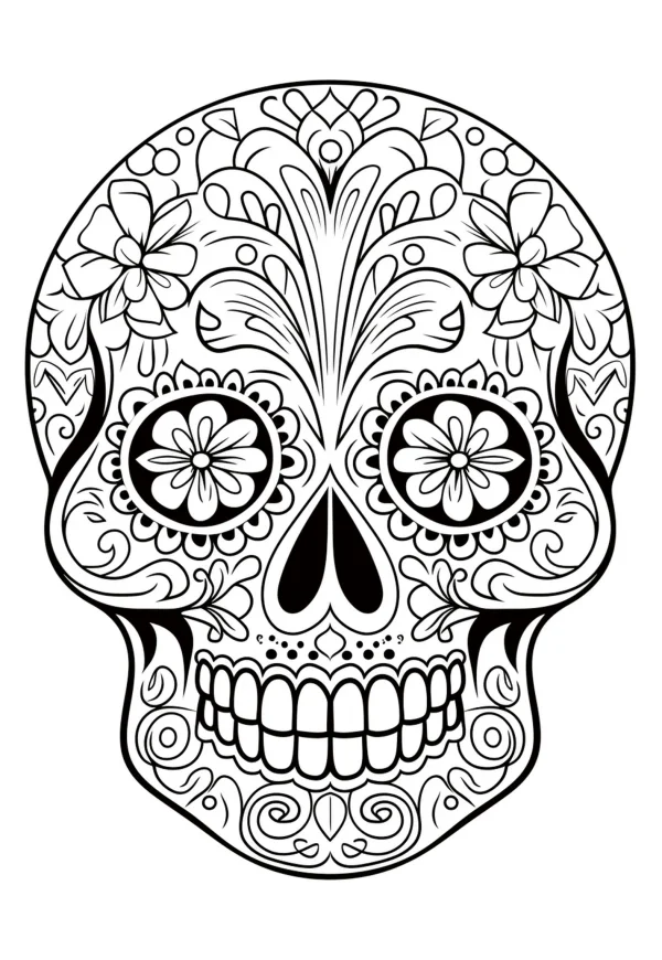 Elaborate day of the dead sugar skull, mexican folk art style — free printable mexican culture coloring book page
