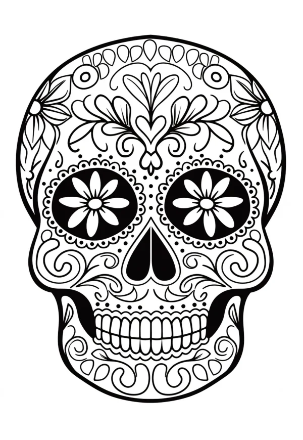 Decorative day of the dead sugar skull, mexican folk art style — free printable mexican culture coloring book page