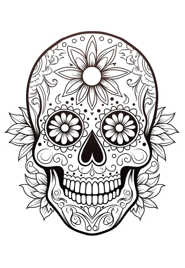 Decorative day of the dead sugar skull with floral patterns, mexican folk art style — free printable culture coloring book page
